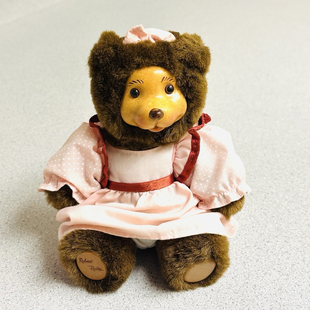 Robert Raikes Wooden Face Bear Raikes Bears Brown Fur Original Polka Dot Outfit - Picture 2 of 10
